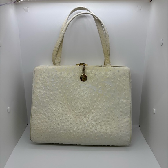 Vintage Classic Elegant Structured Top Handle Handbag – ostrich embossing -Ivory - Picture 2 of 14